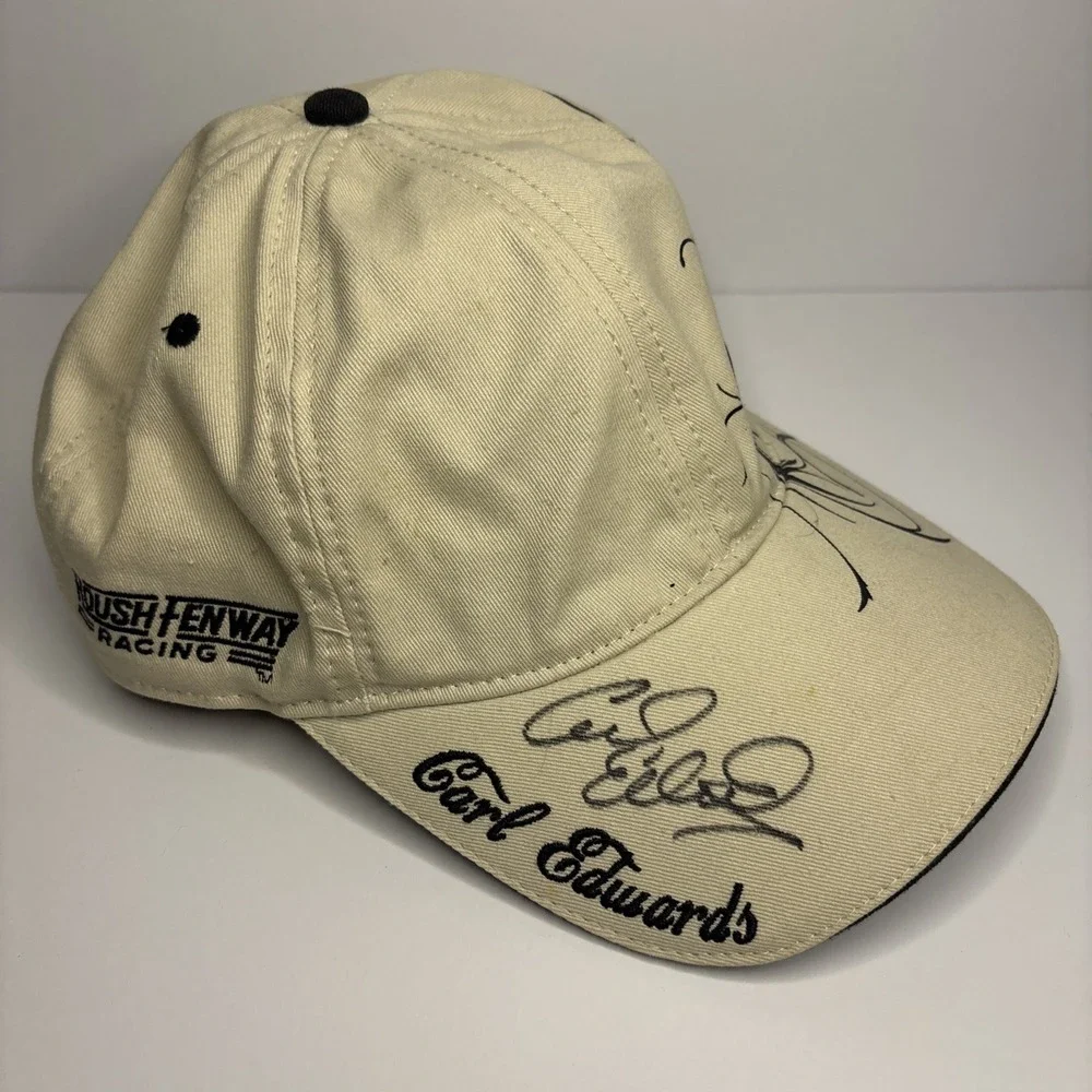 Carl Edwards Autographed NASCAR Baseball Cap Hat Beige Chase Fenway Racing 99